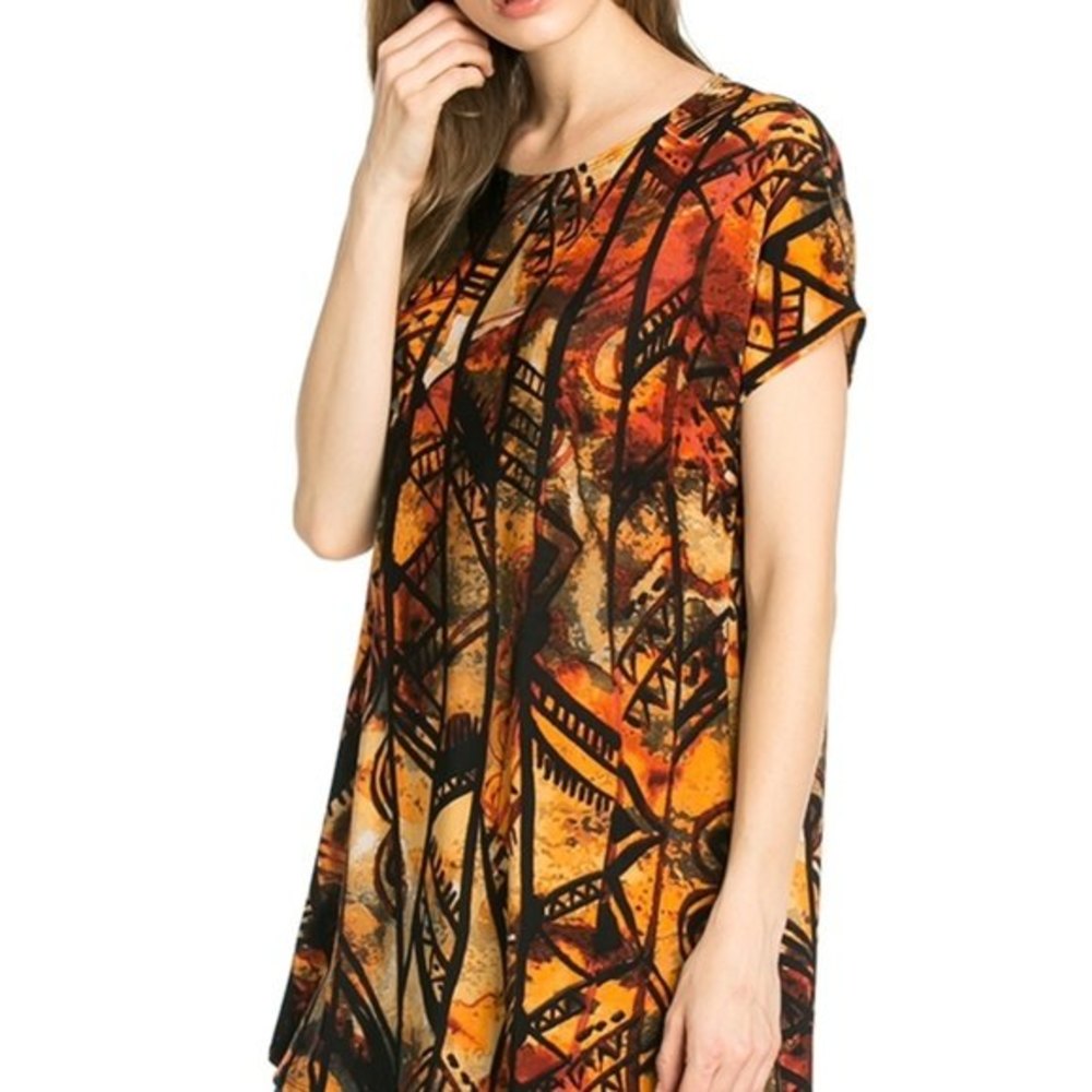 AZULES Ethnic Top Afrocentric Short Sleeve Popover Stretch Knit Tunic